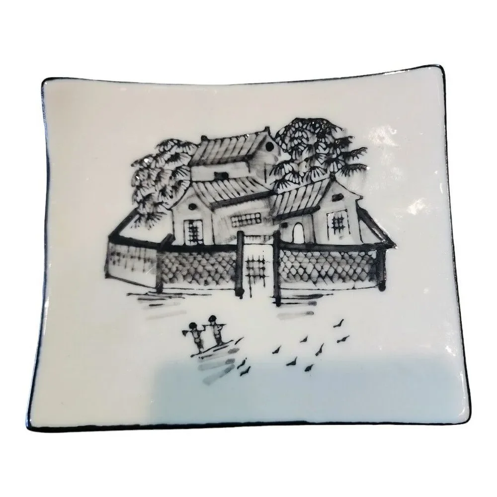 Vintage Asian Village Black Cream Square‎ Transfer Ware Candle Holder Set